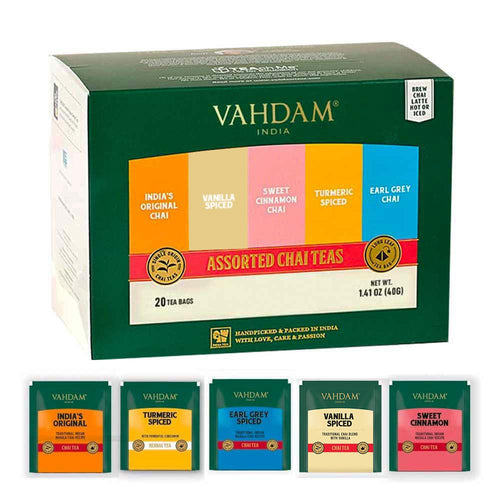 , Assorted Chai Tea Bags Sampler (5 Flavors, 20 Ecofriendly Pyramid Tea Bags) I Gift Ideas for Women & Men | Masala Chai Tea Varieties from India | Gluten Free & Non GMO | Gifts for Him/Her