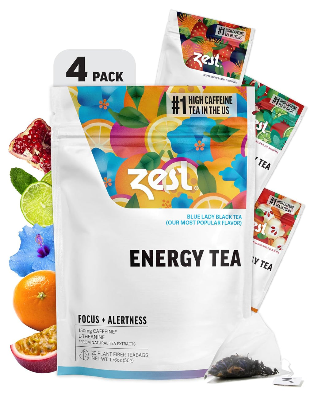 Energy Tea Assortment Box – High Caffeine Tea Bags Sampler with Black & Green Tea – Caffeinated Coffee Alternative for Morning Focus – 80 Tea Bags – 135-150Mg Caf per Cup – Natural, Non-Gmo, Keto
