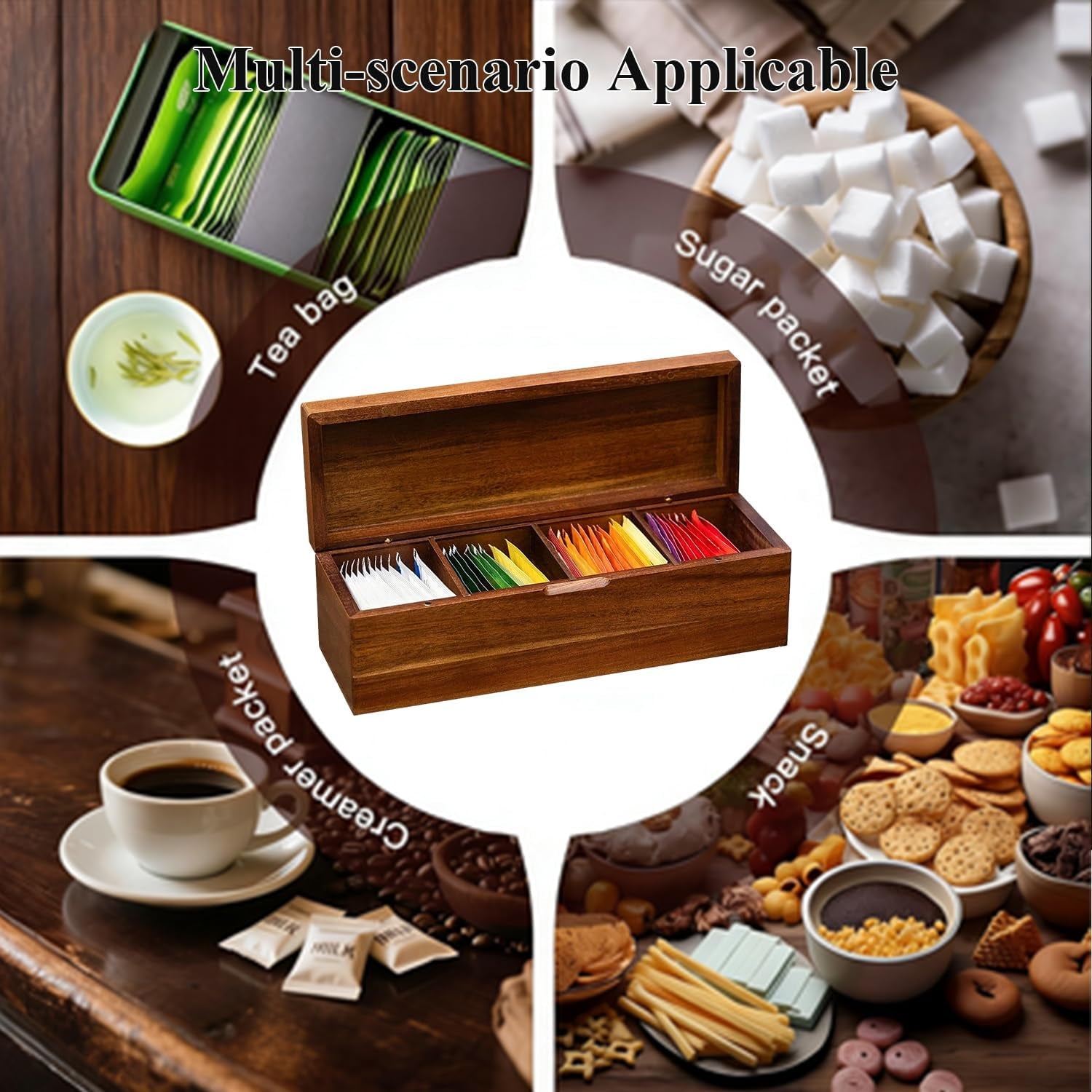 Wooden Tea Bag Organizers with 4 Compartments Tea Packet Storage Boxes & Display Caddy Tea Bag Holder for Countertop Storage
