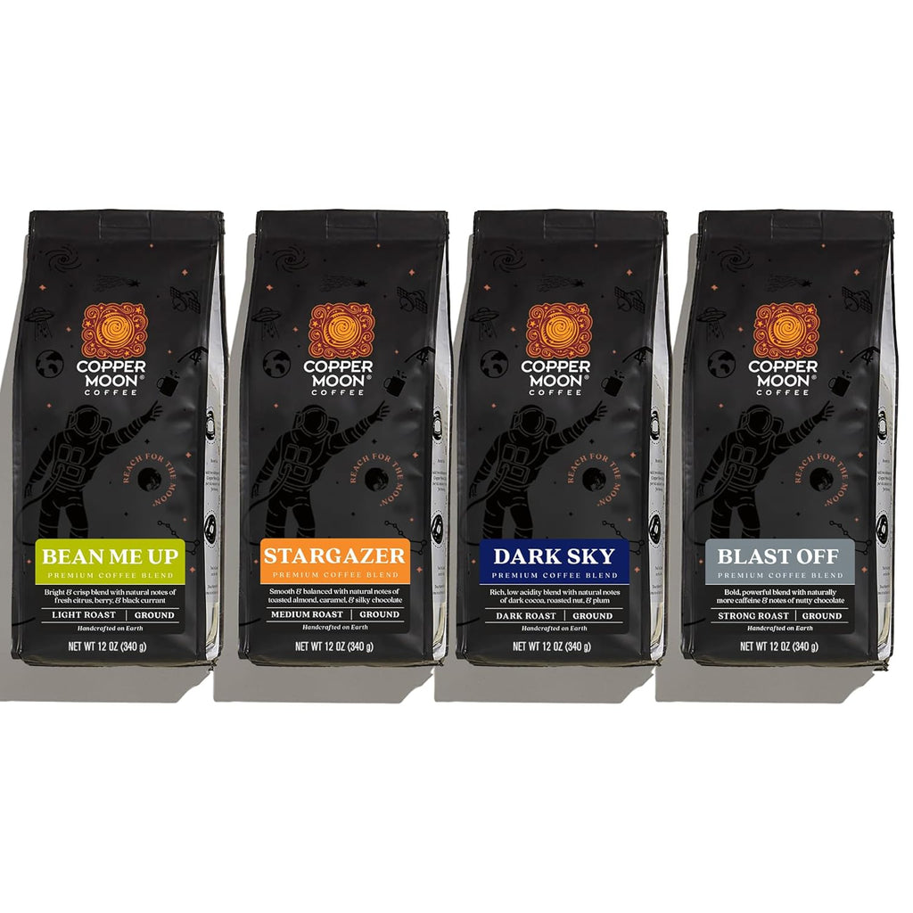 Ground Coffee, Light, Medium & Dark Roast, Out of This World Variety Pack, 12 Oz (Pack of 4) | 12 Oz Bag Each Light Roast Bean Me Up, Medium Roast Stargazer, Dark Roast Dark Sky, Strong Roast Blast Off