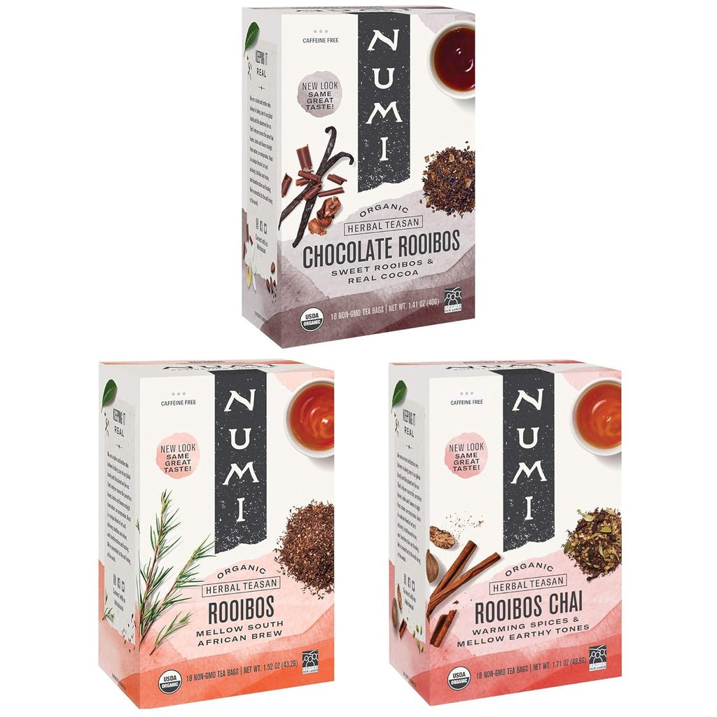 Numi - Organic Rooibos Tea Variety Pack, 54 Herbal Tea Bags, Chocolate, Chai and Regular Rooibos