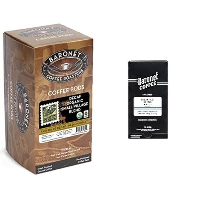 Pods - Decaf Organic Small Village & Breakfast Blend [10 Gram, 54 Pods Each Flavor] Single Cup Use, like Senseo