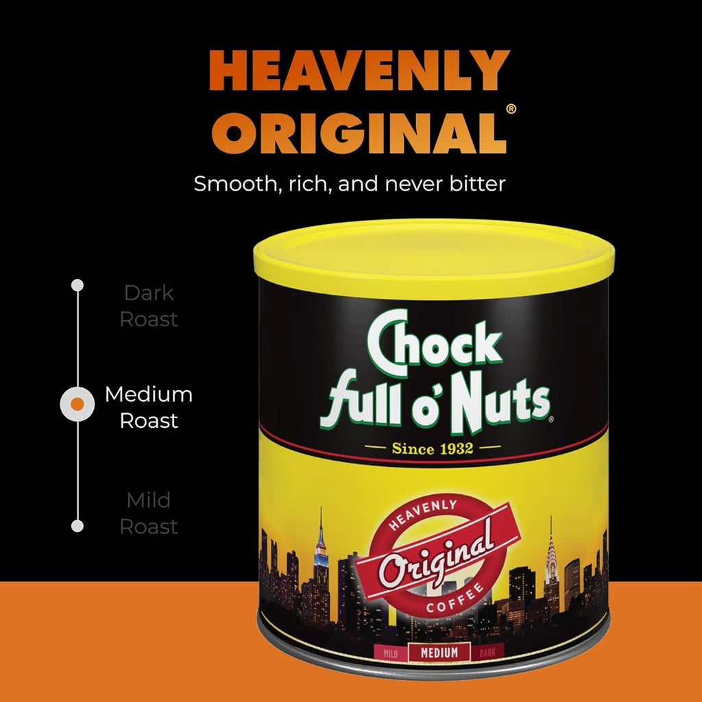 Chock Full O'Nuts Coffee Variety Pack - Heavenly Original Ground Coffee - Medium Roast (30.5 Oz Can) & 100% Arabica New York Roast Ground Coffee - Dark Roast (10.5 Oz Can)