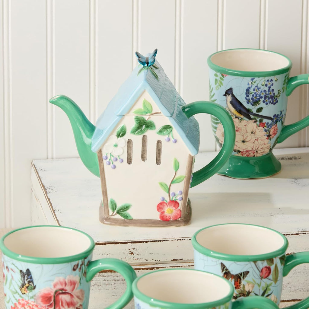 Flora 3D Birdhouse Teapot – 32-Ounce Hand-Painted Ceramic Teapot with Pastel Floral and Butterfly Design, Ideal for Tea Serving, Hosting, and Decorative Kitchen Display