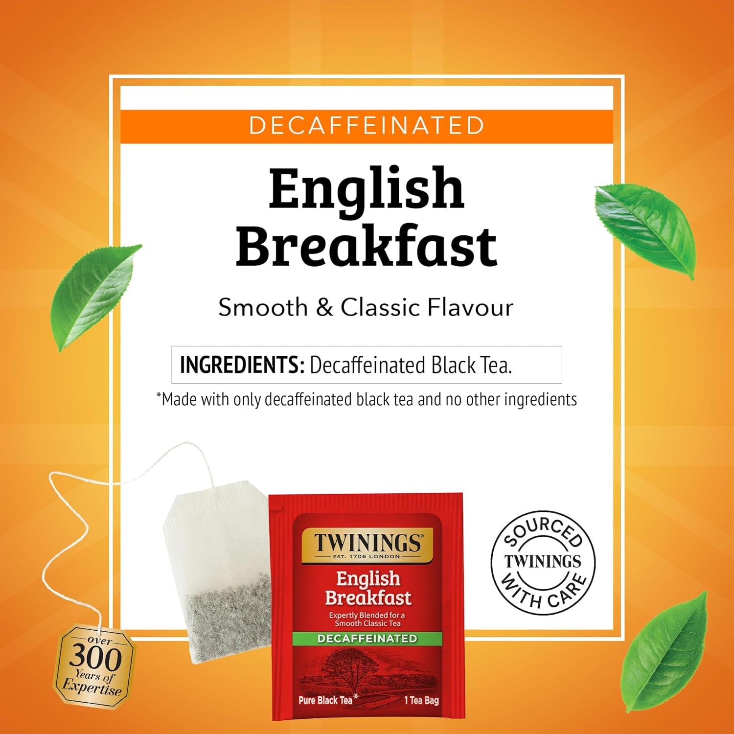Decaffeinated English Breakfast Black Tea Bags, 50 CT Box (6 Pack) | a Classic, Robust & Smooth, Full Flavour without the Caffeine, 300 Foil Lined Individually Wrapped Bags, Enjoy Hot or Iced