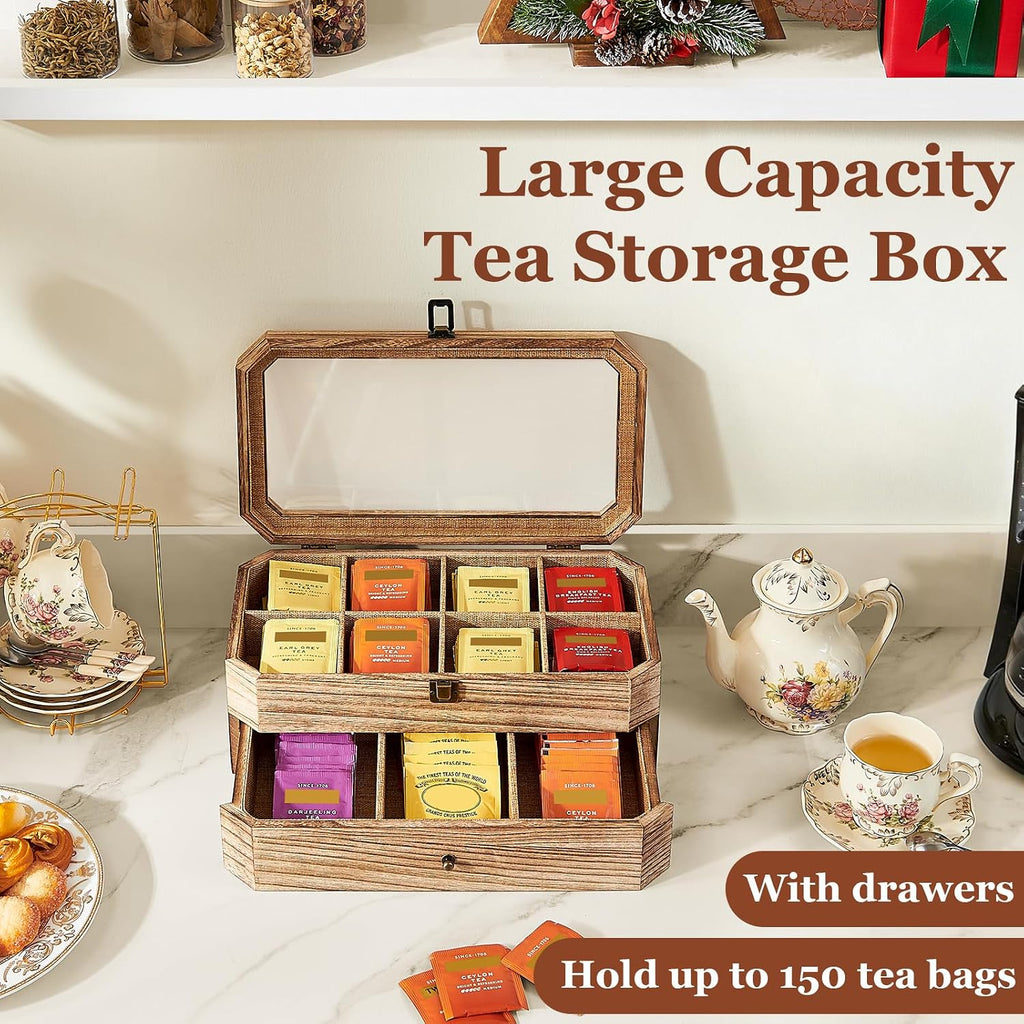 Tea Bag Organizer, Rust Wood 2 Layer Tea Box Organizer Storage | Christmas Gift Tea Bag Holder with Drawer Acrylic Window, Tea Organizer Caddy