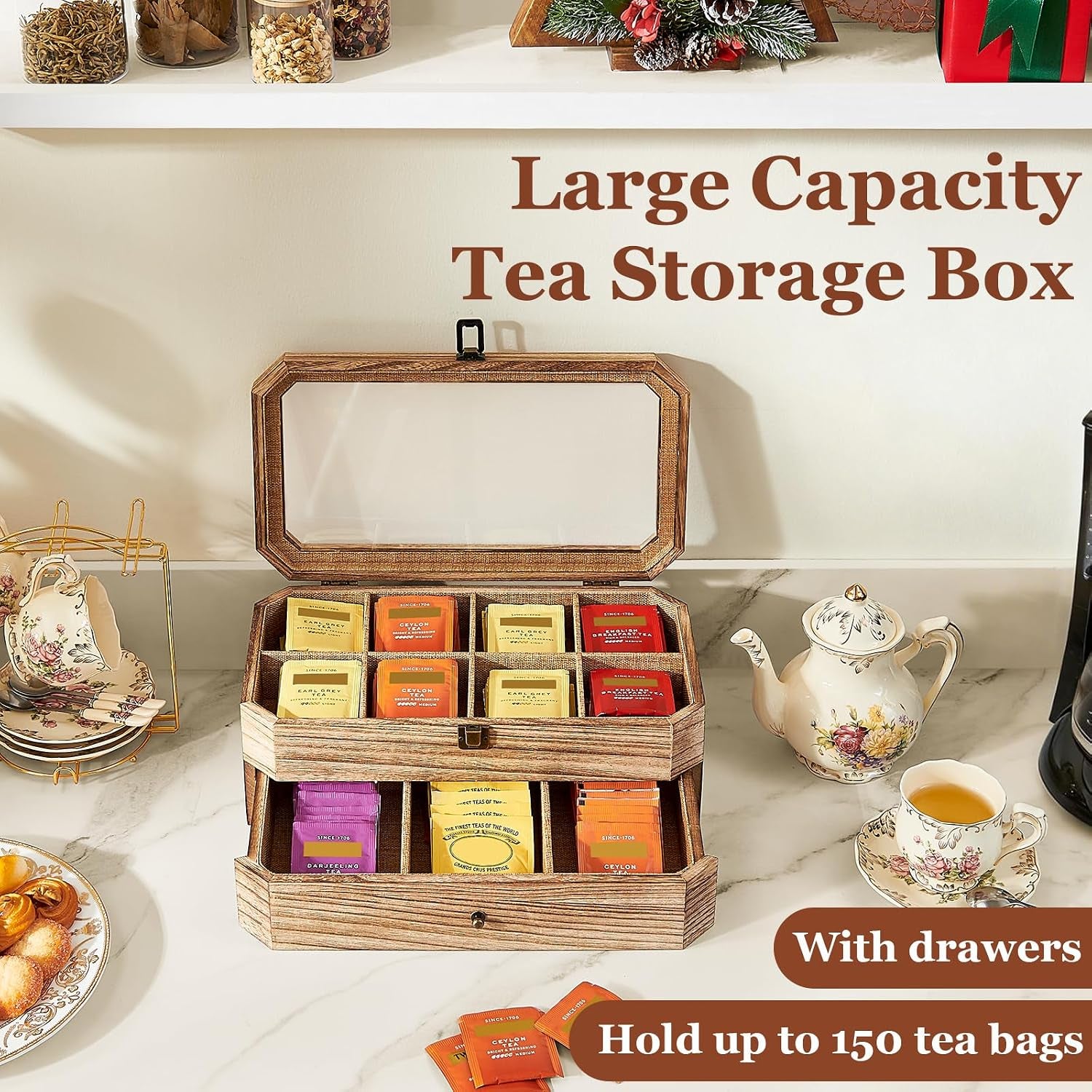 Tea Bag Organizer, Rust Wood 2 Layer Tea Box Organizer Storage | Christmas Gift Tea Bag Holder with Drawer Acrylic Window, Tea Organizer Caddy