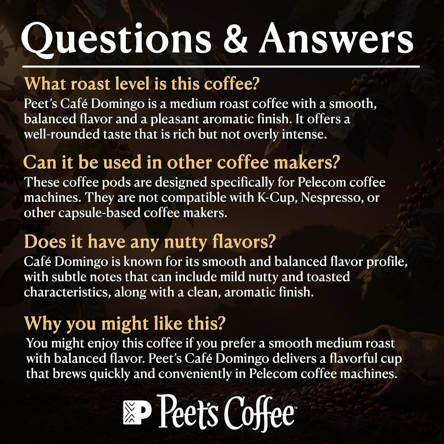 Peet’S Café Domingo Coffee Pods – 32 Count (2 Packs of 16) – Medium Roast with Smooth, Balanced Flavor and Aromatic Finish – Compatible with Pelecom Coffee Machines
