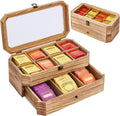 Tea Bag Organizer, Rust Wood 2 Layer Tea Box Organizer Storage | Christmas Gift Tea Bag Holder with Drawer Acrylic Window, Tea Organizer Caddy