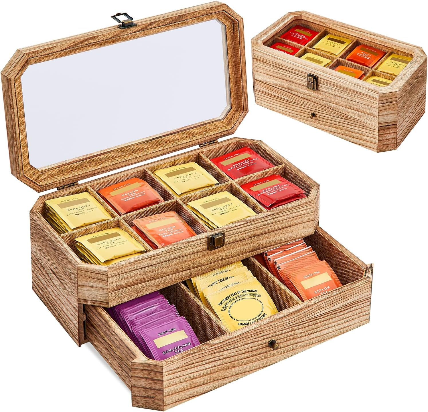 Tea Bag Organizer, Rust Wood 2 Layer Tea Box Organizer Storage | Christmas Gift Tea Bag Holder with Drawer Acrylic Window, Tea Organizer Caddy