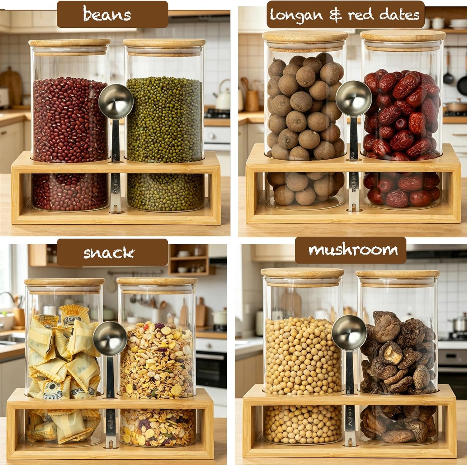 Glass Coffee Containers with Shelf - Coffee Bar Organizer and Accessories, Coffee Jars with Spoon, 2X 49Oz Airtight Sealed Coffee Canister for Coffee Bean, Ground Coffee, Nuts
