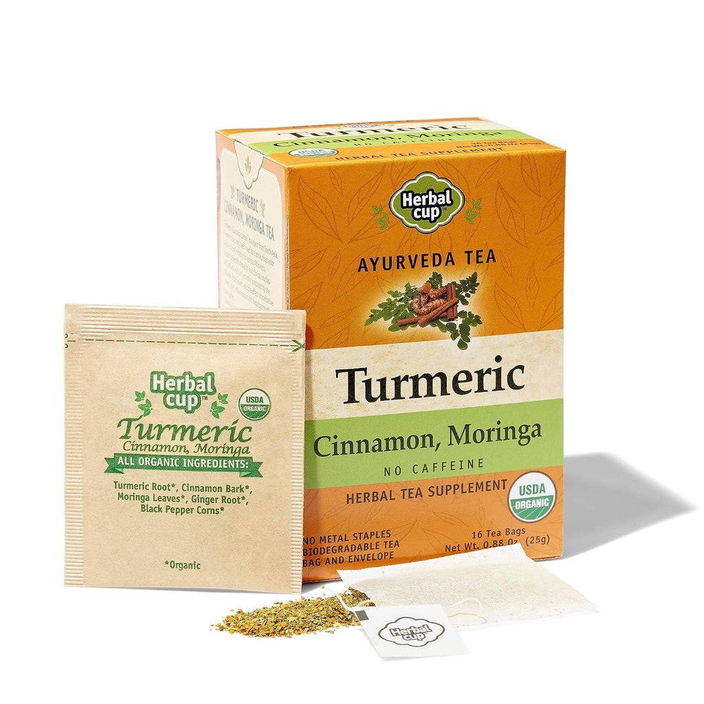 Ayurveda Turmeric Tea, Organic Cinnamon Moringa, No Caffeine Herbal Supplement (16 Count, Pack of 1)