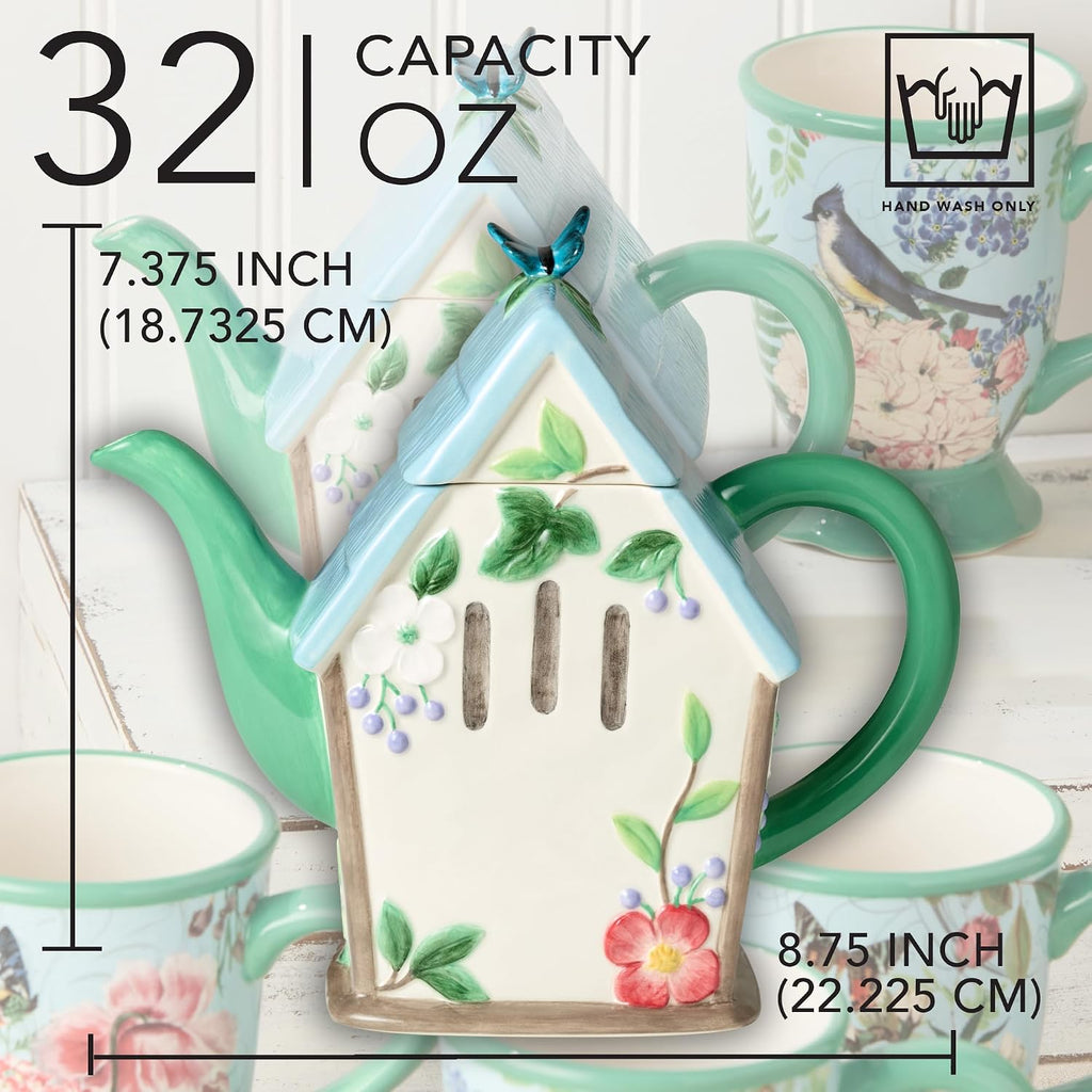 Flora 3D Birdhouse Teapot – 32-Ounce Hand-Painted Ceramic Teapot with Pastel Floral and Butterfly Design, Ideal for Tea Serving, Hosting, and Decorative Kitchen Display