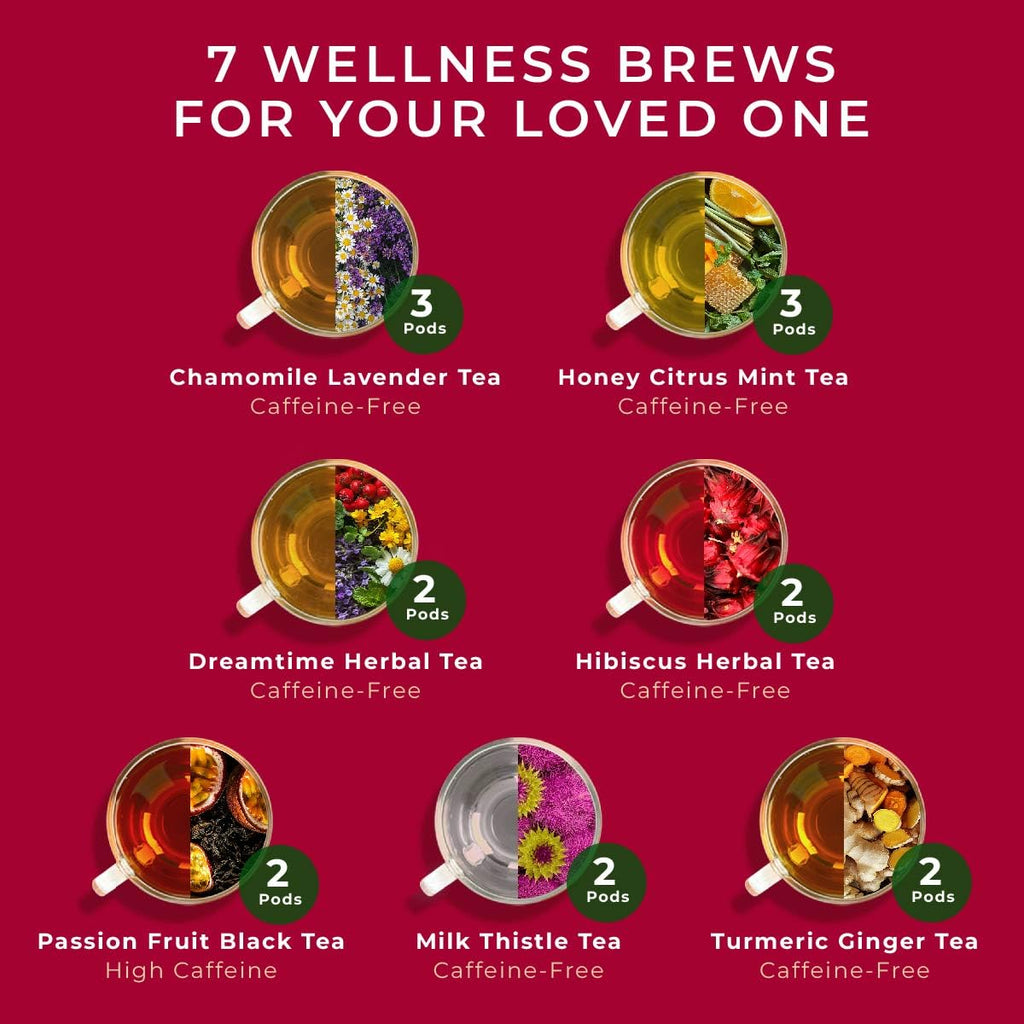 Her Wellness Tea Pod Gift Set (16 Count) - 7 Flavors Assorted Variety Pack | Chamomile Lavender, Citrus Mint, Turmeric Ginger, Hibiscus, Milk Thistle, Dreamtime, Passion Fruit, for Women, Non-Gmo