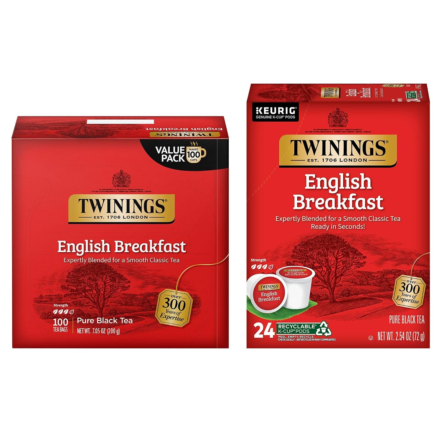 English Breakfast Tea K-Cup Pods, 24 Count (Pack of 1) + English Breakfast Tea Bags, 100 Count (Pack of 1)