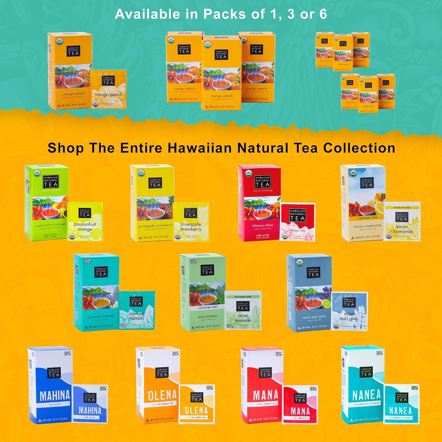 Hawaiian Natural Tea Organic Mango Peach Green & Black Tea Bags, 120 Count | USDA Organic, Non-Gmo, Gluten-Free, Keto, Vegan, Kosher – Perfect Hot or Iced – Low Caffeine – Plastic-Free Tea Bags