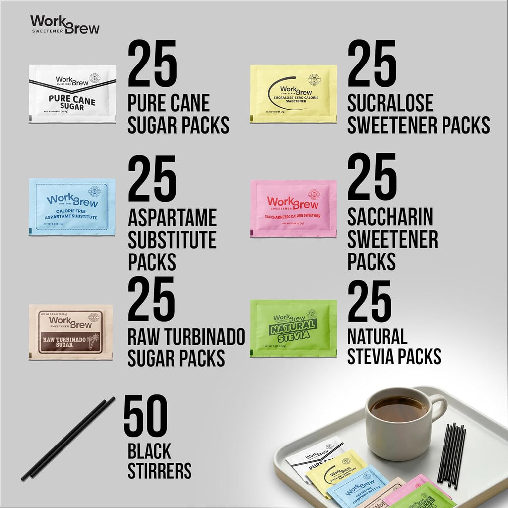 Sweetener Packets Variety Pack with Stirrers, 200 Count, Individually Wrapped Coffee Sweeteners, Stevia, Cane Sugar, Raw Sugar, Sucralose, Aspartame, Saccharin; Kosher Certified, Made in USA.