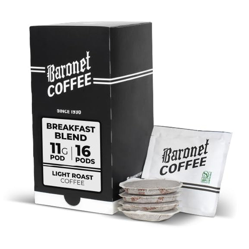 11 Gram Pods Coffee Pods, Breakfast Blend, 16 Pods | Light Roast, 100% Arabica Coffee, Regular Strength, 1 Box of 16 Individually Wrapped Single Serve Pods