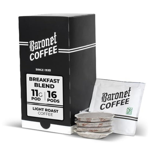 11 Gram Pods Coffee Pods, Breakfast Blend, 16 Pods | Light Roast, 100% Arabica Coffee, Regular Strength, 1 Box of 16 Individually Wrapped Single Serve Pods