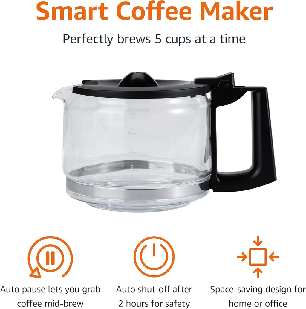 5 Cup Drip Coffee Maker with Glass Coffee Pot (0.8 Qt), Auto Shut-Off, Auto Pause, Removable Filter Basket, Matte Black