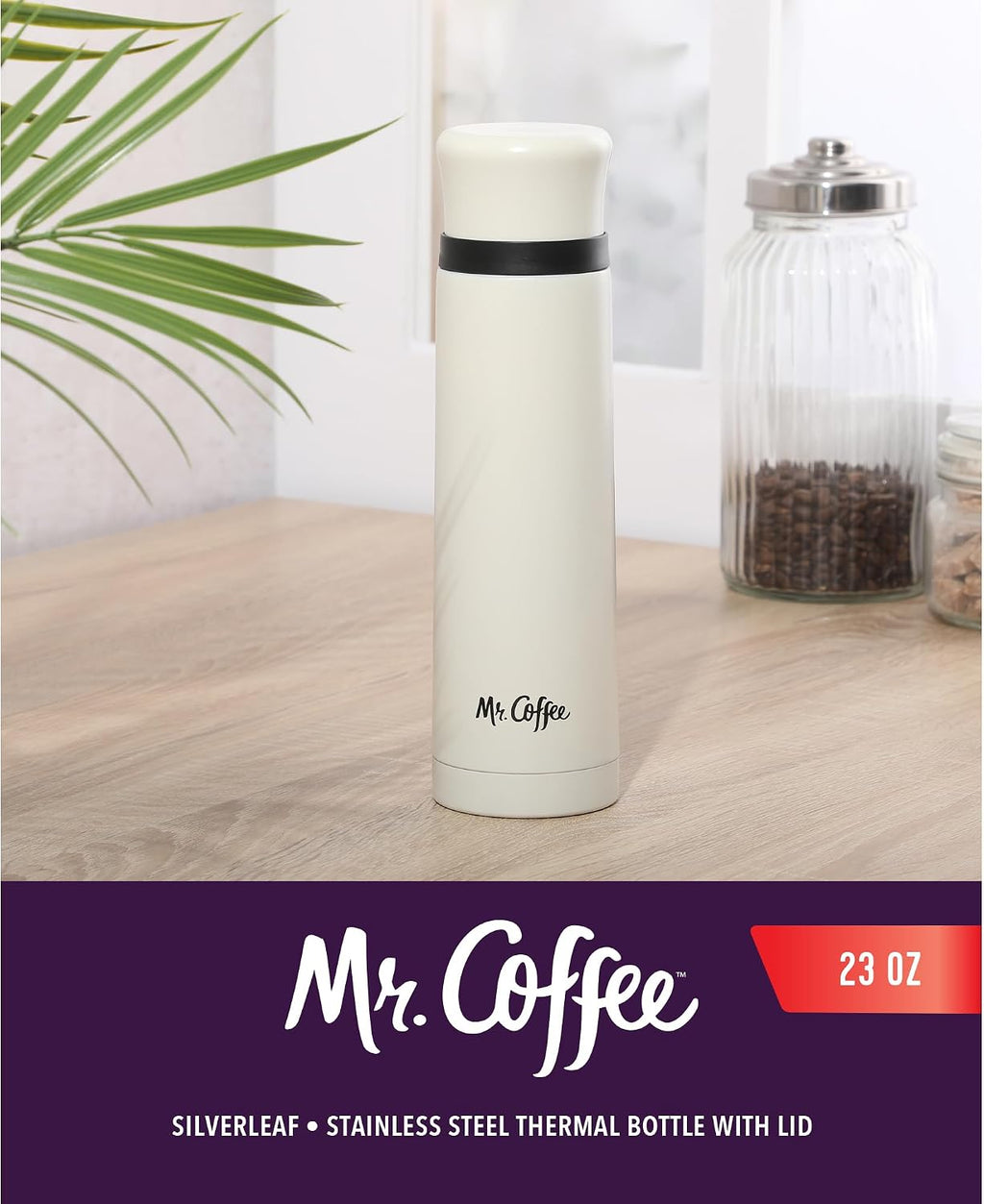 Mr. Coffee Silverleaf 23 Oz Stainless Steel Thermal Bottle – Double Wall Vacuum Insulated Travel Mug with Leak-Proof Lid, White – Hot & Cold Beverage Flask for Work, Commute, or Camping