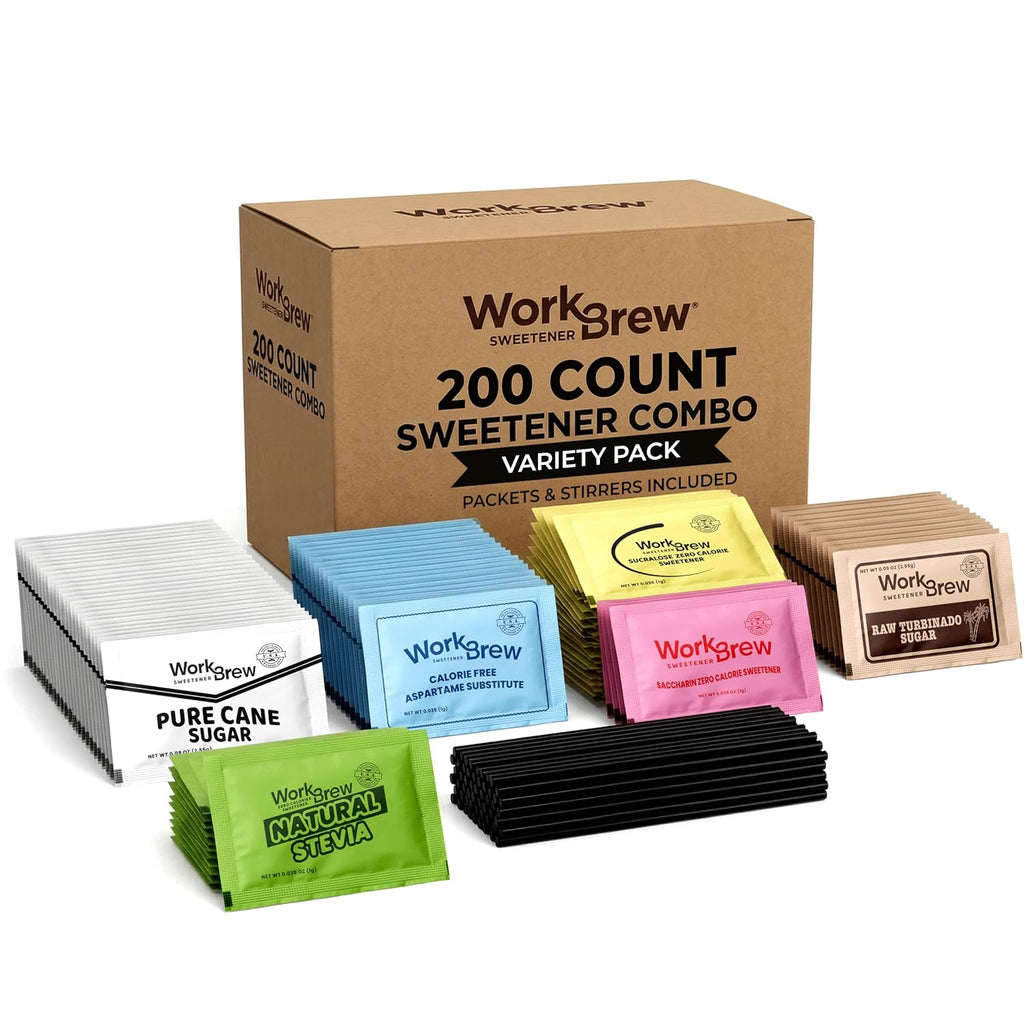 Sweetener Packets Variety Pack with Stirrers, 200 Count, Individually Wrapped Coffee Sweeteners, Stevia, Cane Sugar, Raw Sugar, Sucralose, Aspartame, Saccharin; Kosher Certified, Made in USA.