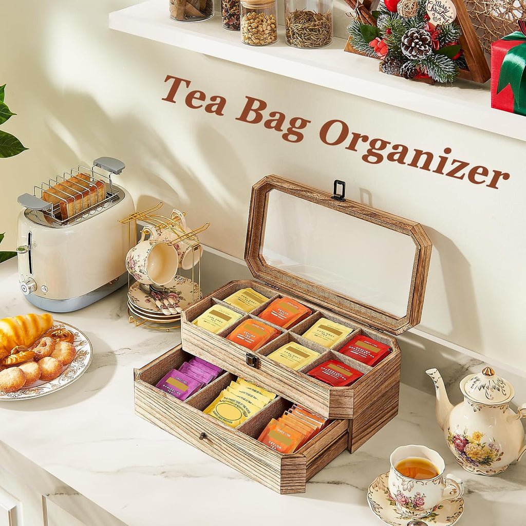 Tea Bag Organizer, Rust Wood 2 Layer Tea Box Organizer Storage | Christmas Gift Tea Bag Holder with Drawer Acrylic Window, Tea Organizer Caddy