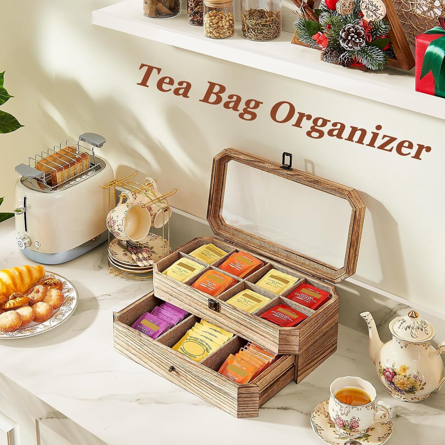 Tea Bag Organizer, Rust Wood 2 Layer Tea Box Organizer Storage | Christmas Gift Tea Bag Holder with Drawer Acrylic Window, Tea Organizer Caddy