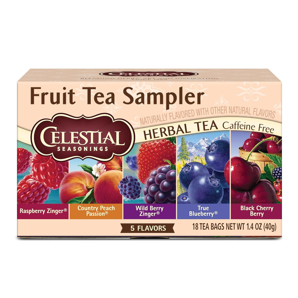 Fruit Tea Sampler Herbal Tea Variety Pack, Caffeine Free, 18 Tea Bags per Box