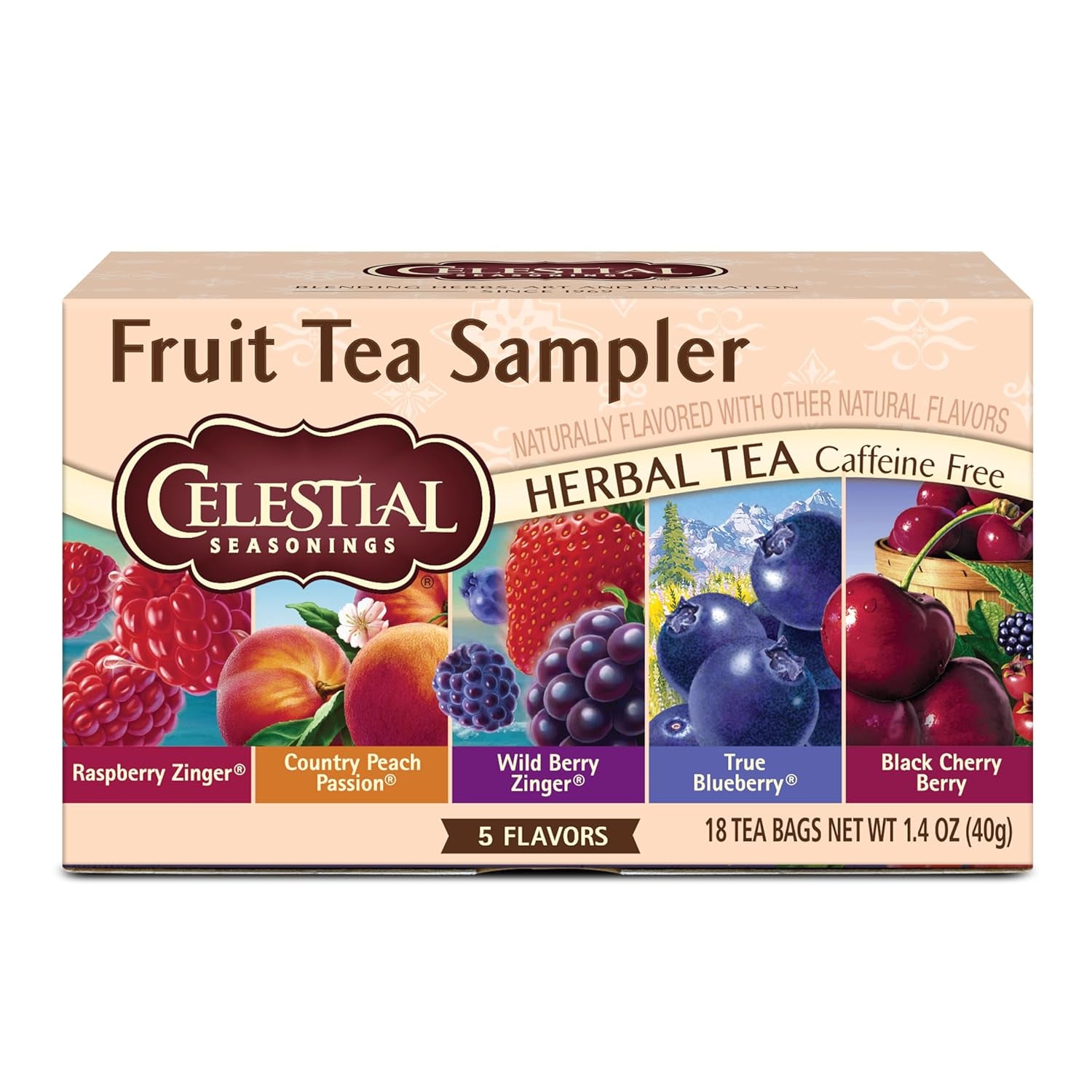 Fruit Tea Sampler Herbal Tea Variety Pack, Caffeine Free, 18 Tea Bags per Box