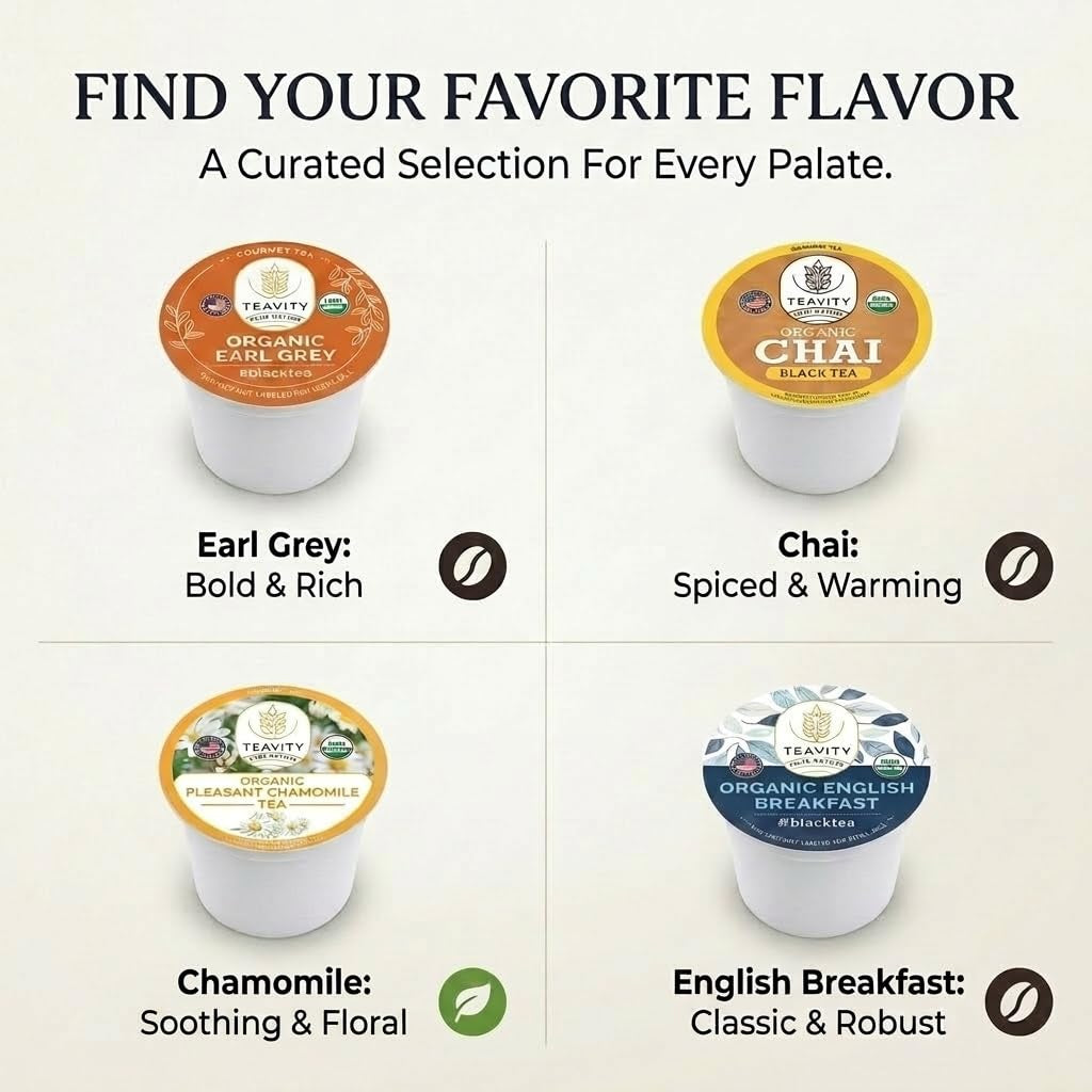 Organic Tea Pods Variety Pack - Assorted Sampler Pack Compatible for Keurig Brewer and Coffee Maker - Earl Grey, English Breakfast, Chai, Chamomile - Herbal Tea Pod for K Cup Keurig Brewing -15 Count (Pack of 1) by