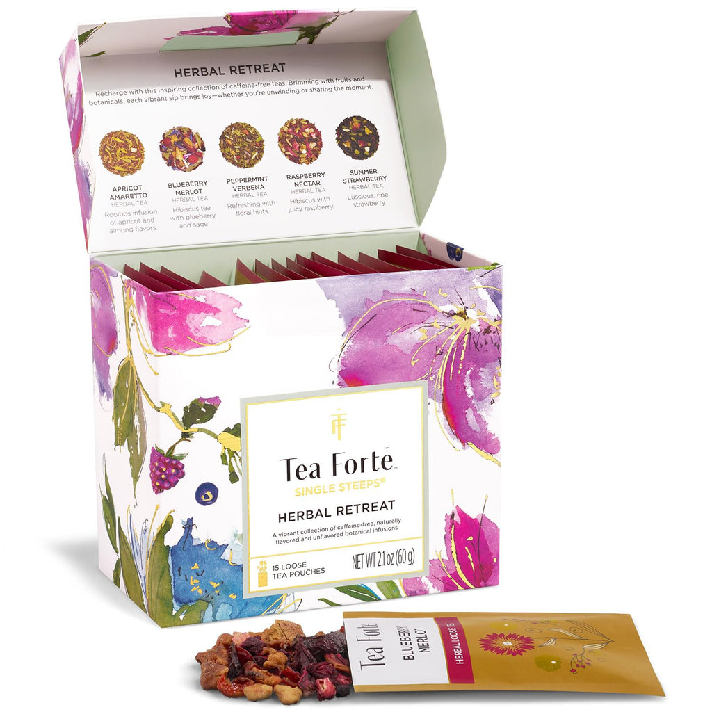 Single Steeps Tea Sampler, Herbal Retreat, 15 Pouches | 15 Single Serve Loose Leaf Bags - Premium Handcrafted Tea Blends - Giftable Presentation Box