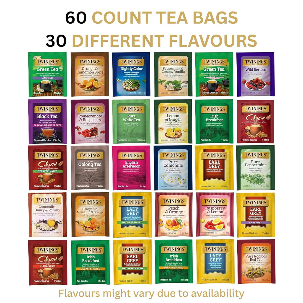 Tea Bags Sampler Assortment Variety Pack (60 Count) 30 Different Flavours for Tea Lovers: Her, Him, Women, Men, Couples, Family, Friends, Coworkers