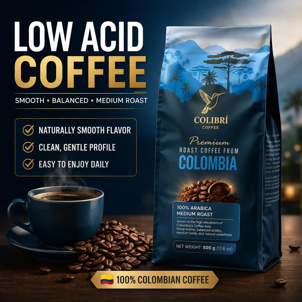 Low Acid Coffee, Ground Coffee Medium Roast Colombian Coffee, Ground Coffee for Coffee Maker, Ideal for Cold Brew and Reusable K Cups for Keurig 16 Oz