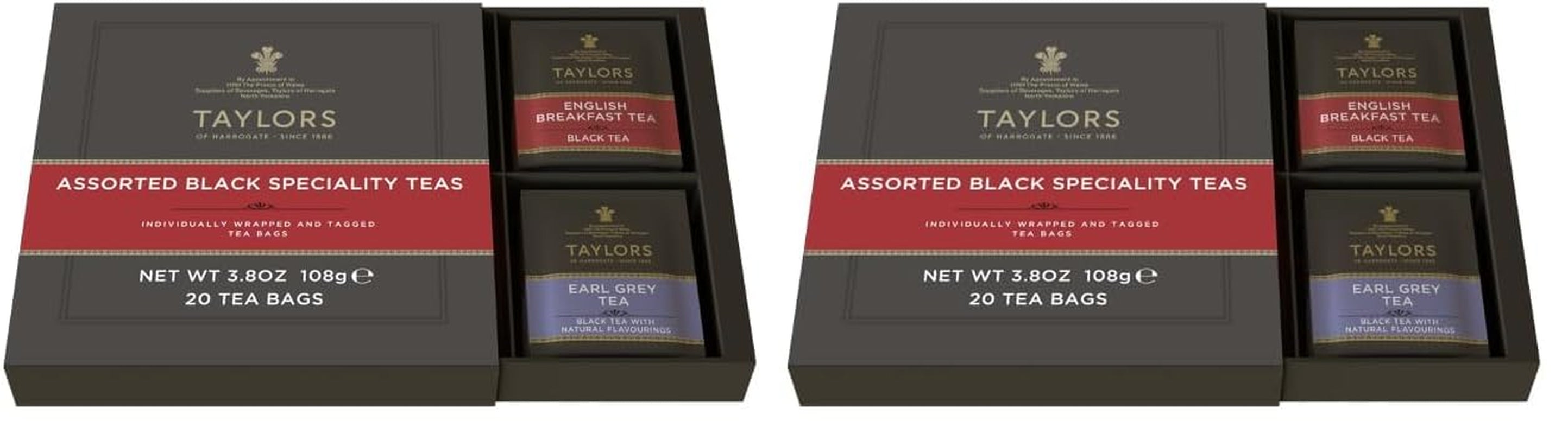 Assorted Specialty Black Teas Sampler, Variety Gift Box, Individually Wrapped Bags, 20 Count (Pack of 2), English Breakfast, Earl Grey, Assam, and Afternoon Darjeeling, Caffeinated, Enjoy Hot or Iced, 20 Teabags