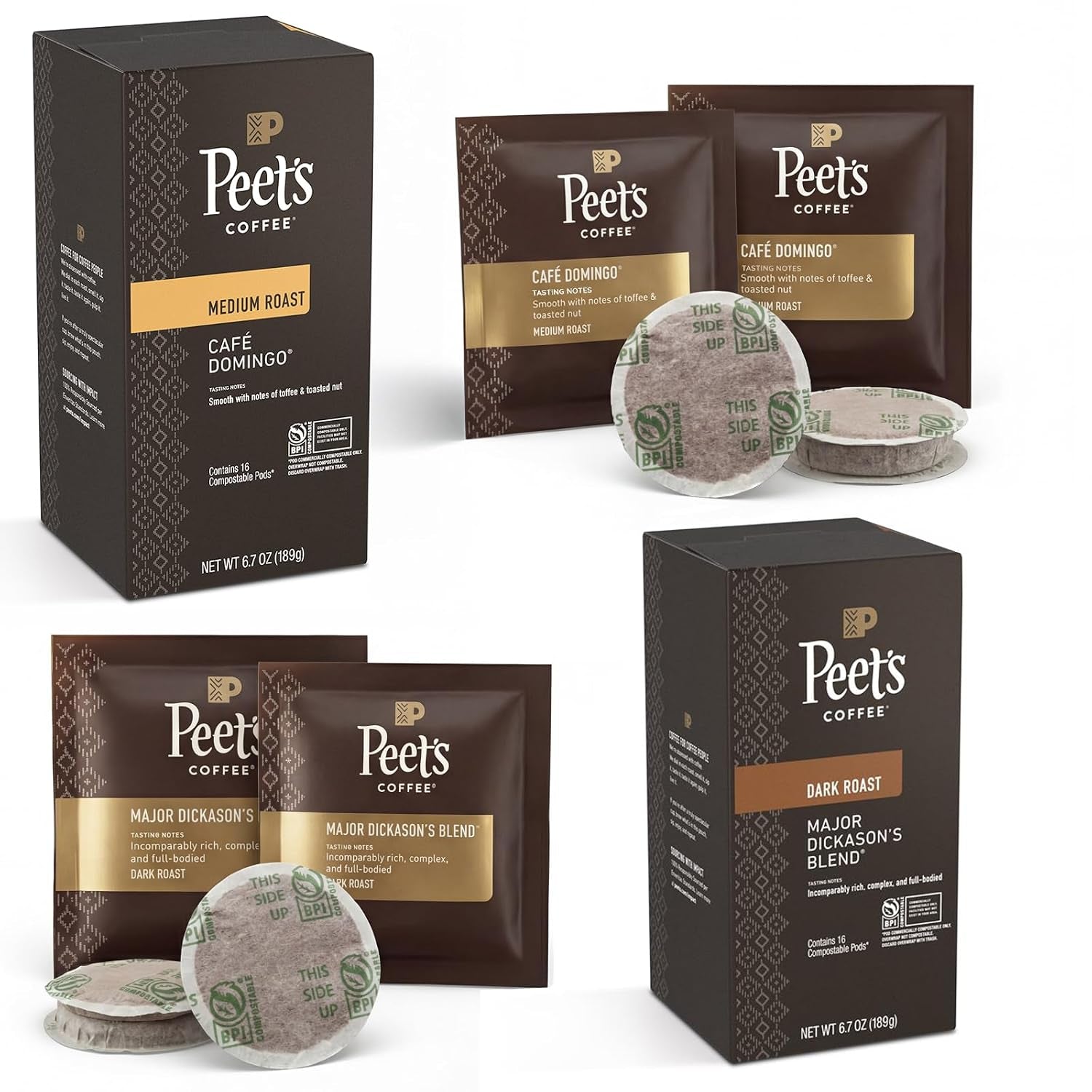 Peet’S Major Dickason’S & Domingo Coffee Pods – 32 Count (2 Packs of 16) – Dark Roast & Medium Roast Variety Pack with Bold, Smooth Flavor – Compatible with Pelecom Coffee Machines – Peet’S Coffee Pods