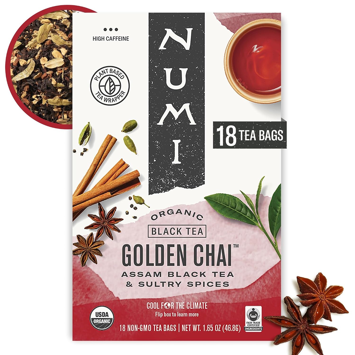 Numi Organic Golden Chai Tea, 18 Tea Bags, Assam Black Tea, Cardamom, Ginger & Anise