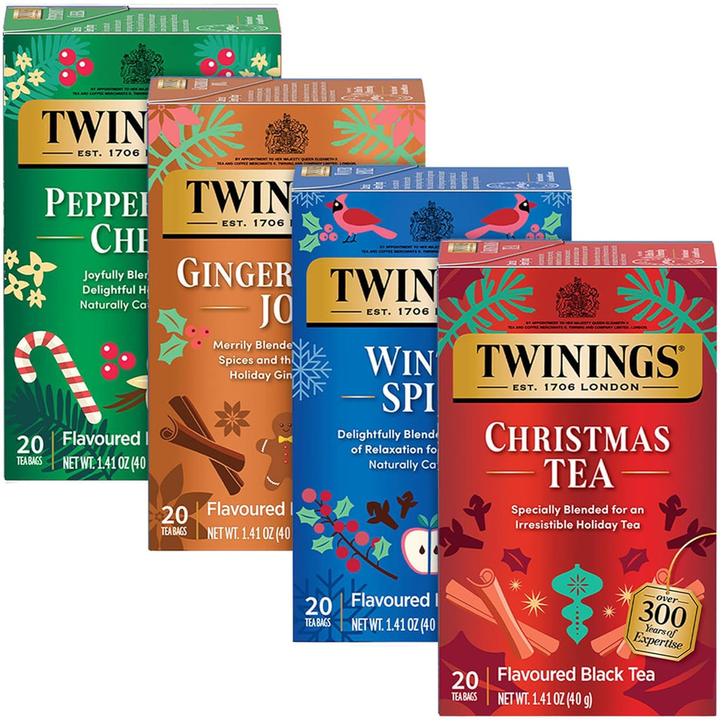 Tea Holiday Variety 4-Pack – Caffeinated Christmas Tea and Gingerbread Joy, Naturally Caffeine-Free Peppermint Cheer and Winter Spice Tea Bags, 20 Count Each