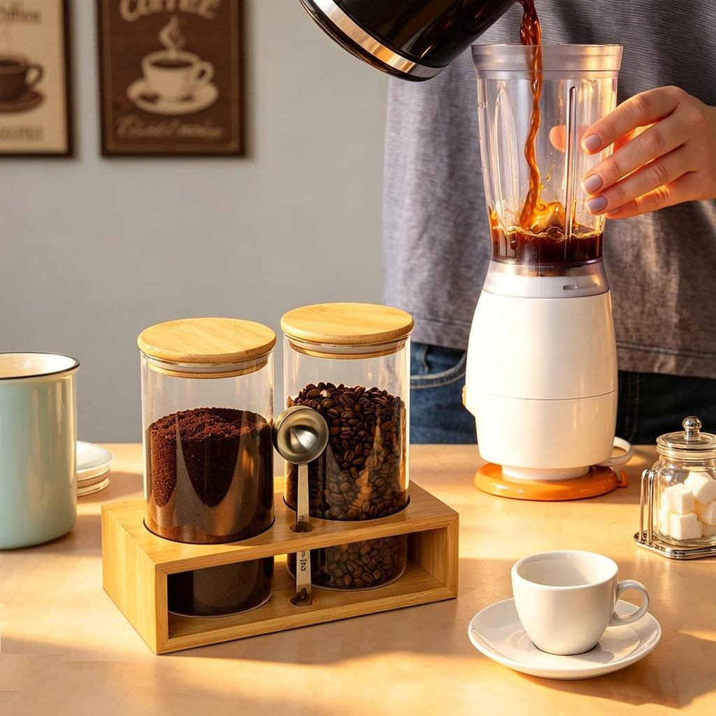 Glass Coffee Containers with Shelf - Coffee Bar Organizer and Accessories, Coffee Jars with Spoon, 2X 49Oz Airtight Sealed Coffee Canister for Coffee Bean, Ground Coffee, Nuts
