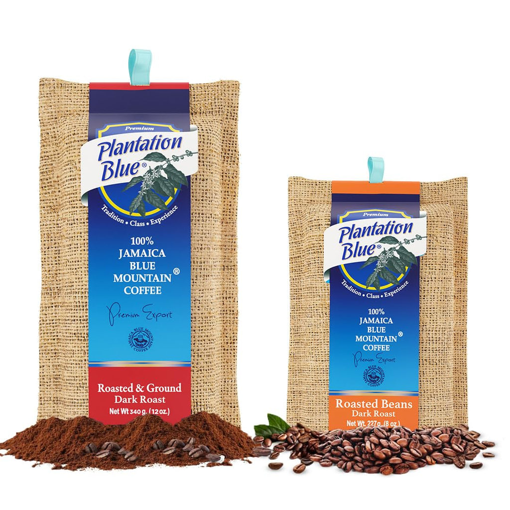 Plantation Blue Jamaica Blue Mountain Coffee Dark Roast Bundle – 12Oz Ground & 8Oz Whole Beans