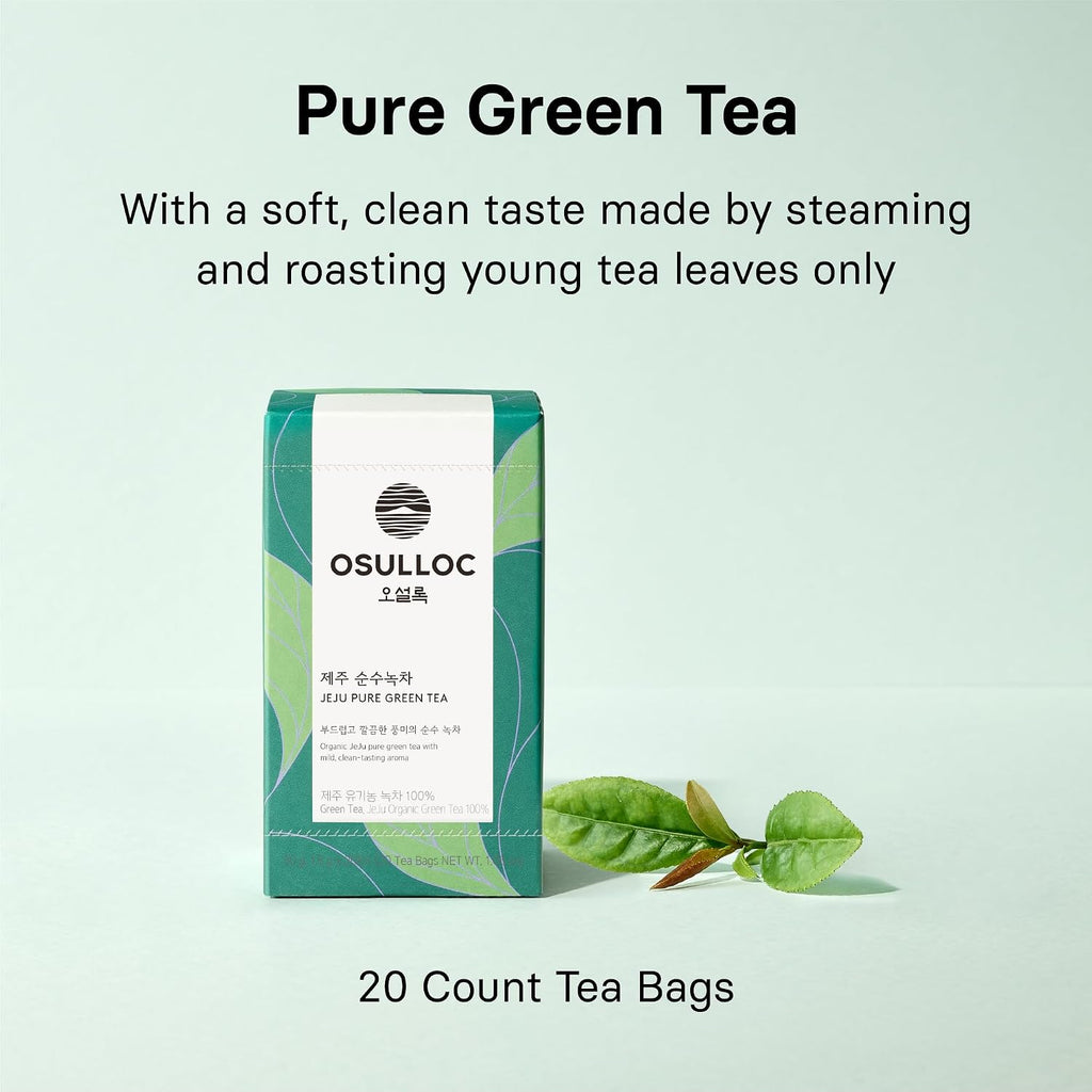 Pure Green Tea (Mild, Clean Tasting Aroma), USDA Organic, Premium Blended Tea from Jeju, Tea Bag Series 20 Count
