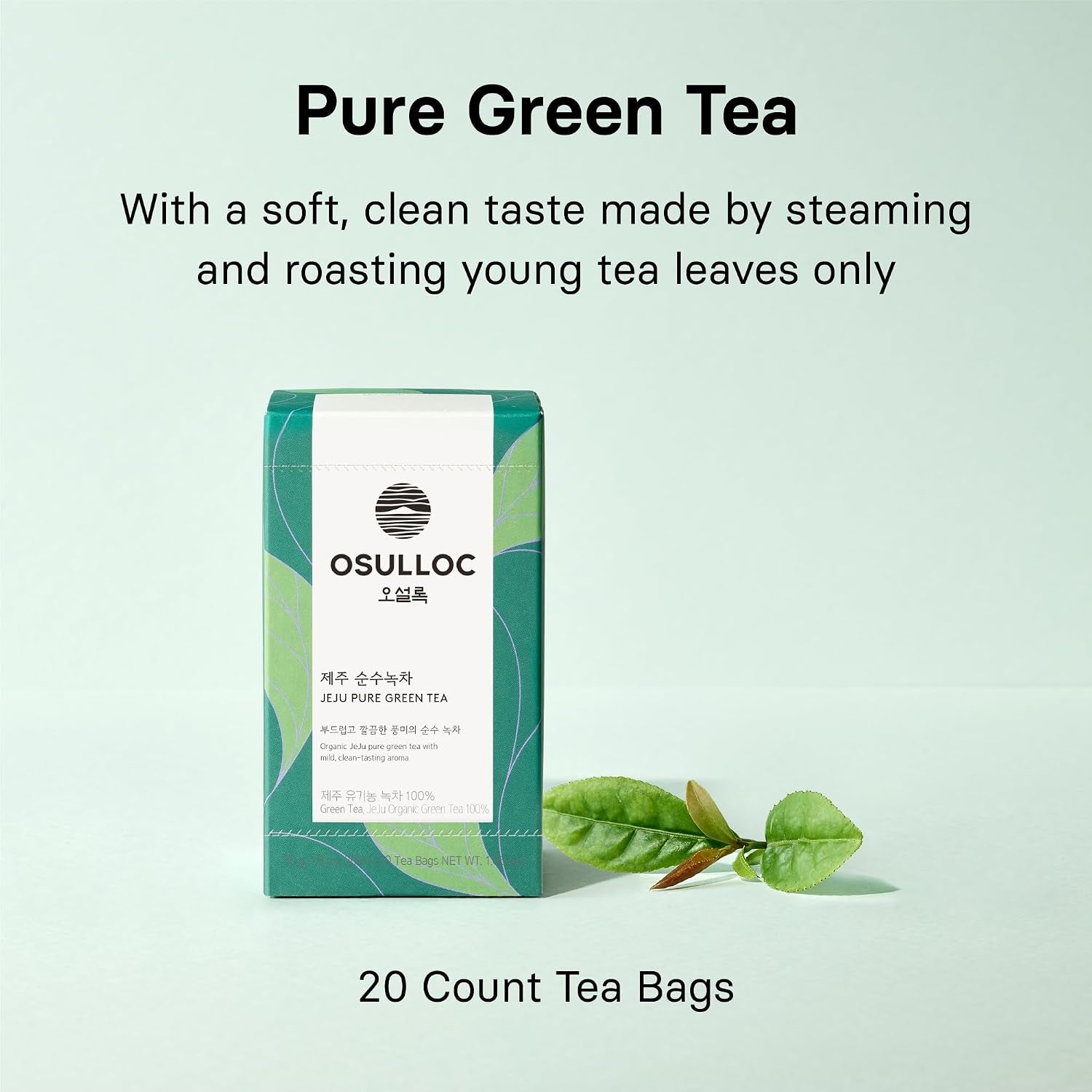 Pure Green Tea (Mild, Clean Tasting Aroma), USDA Organic, Premium Blended Tea from Jeju, Tea Bag Series 20 Count