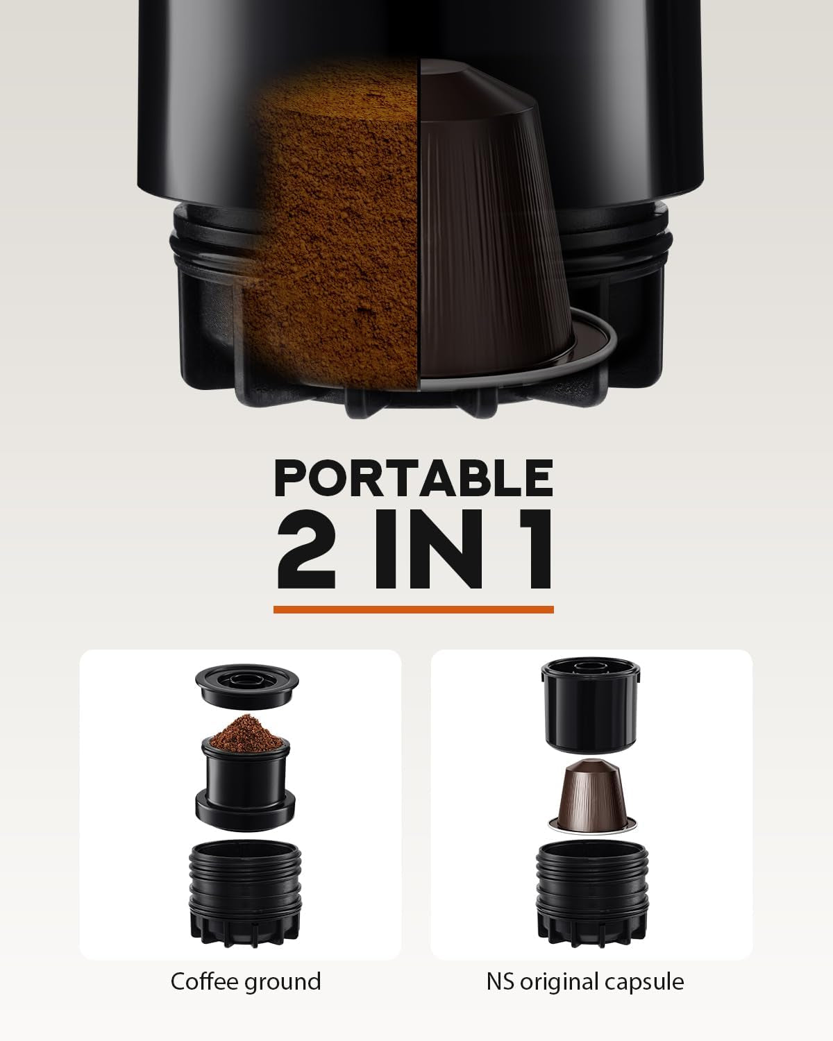 Portable Coffee Maker for Travel & Camping, Travel Lightweight Coffee Machines, Manually Operated, Compatible with Ground Coffee & NS Capsule Black (1Pcs)