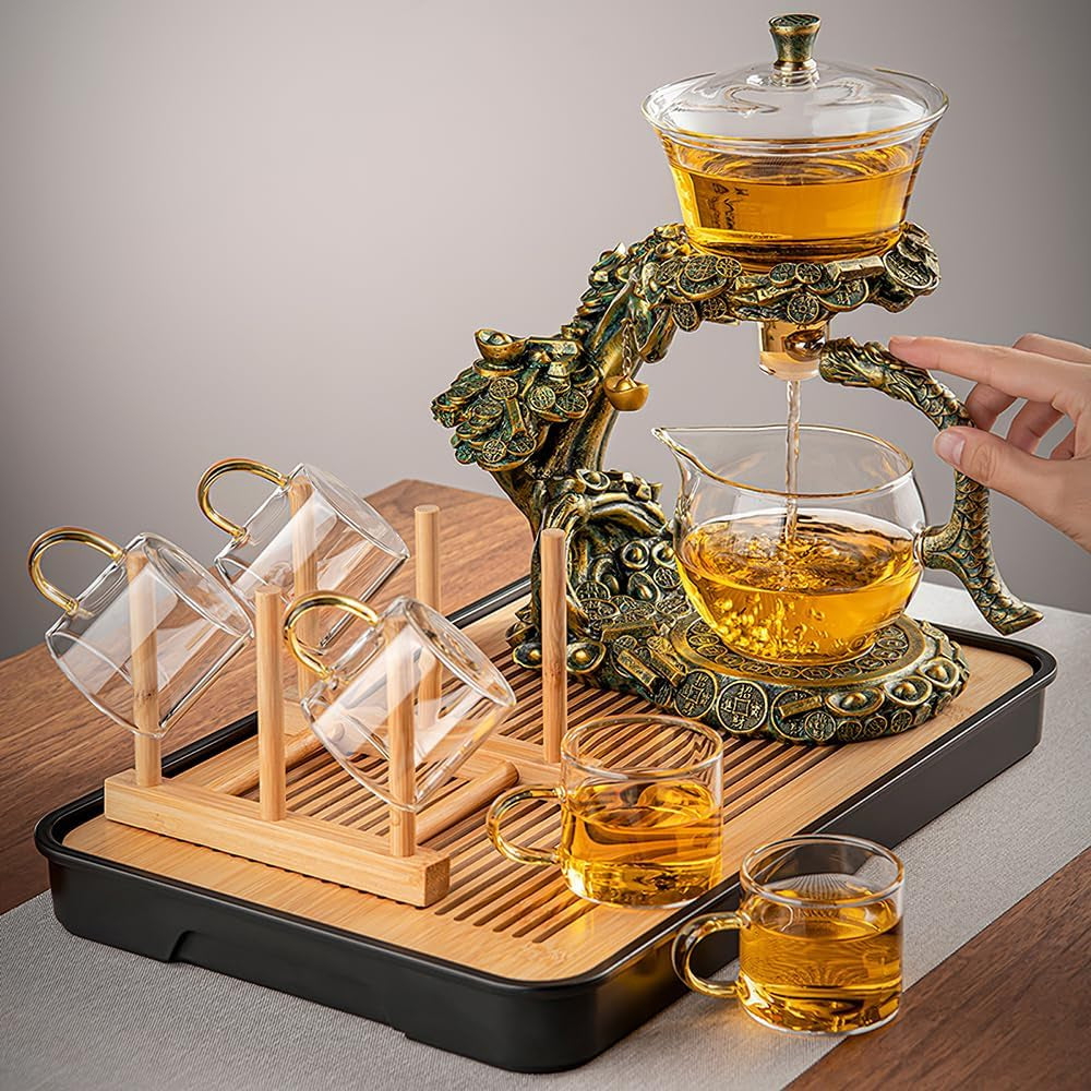 Lazy Kungfu Drip Teapot, Heat Resistant Tea Set, Semi-Automatic Glass Teapot Suit for Magnetic Water Flow Wooden Glass Teapot Set
