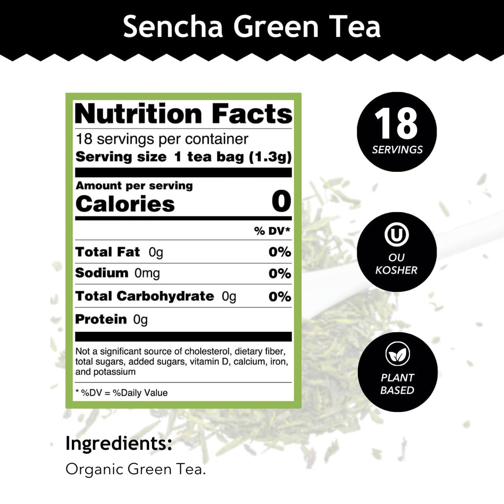 - Organic Sencha Green Tea - for Health & Wellbeing - Japanese Green Tea - with Antioxidants & Minerals - Clean Ingredients - Caffeinated - OU Kosher & Non-Gmo - 18 Tea Bags (Pack of 1)
