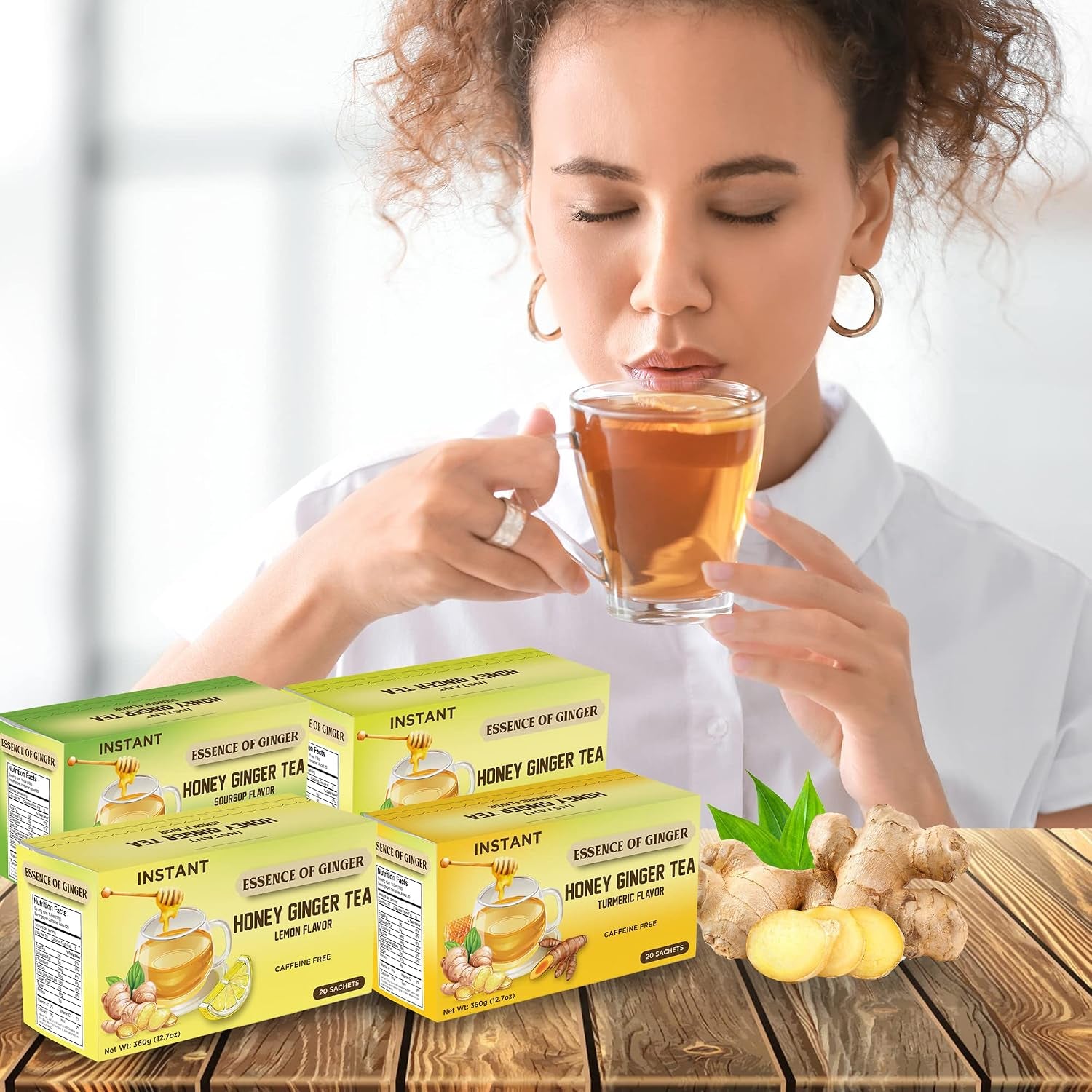 Natural Honey Lemon Ginger Herbal Tea 20 Sachet Packets Instant Beverage 18 Grams Made with Real Pure Honey, Fresh Ginger Root and Refreshing Lemon Citrus - Caffeine Free