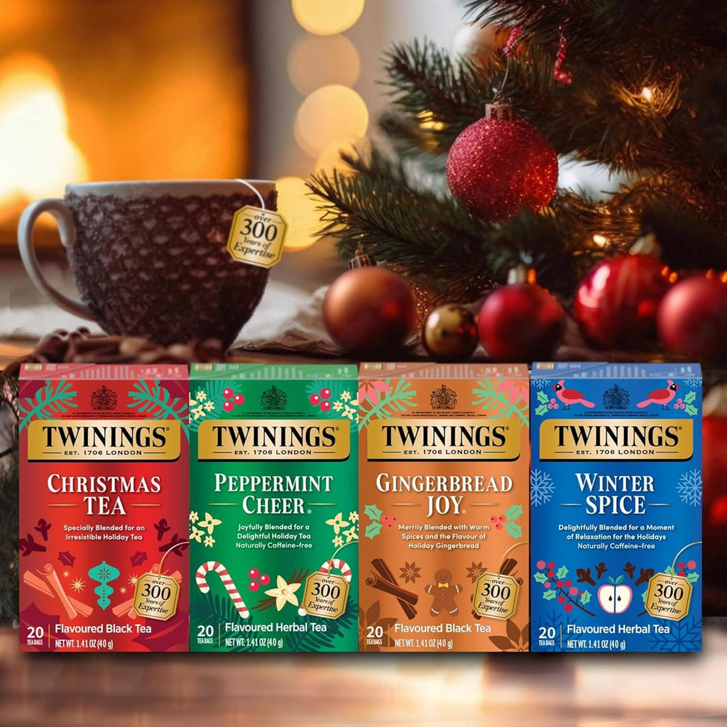 Tea Holiday Variety 4-Pack – Caffeinated Christmas Tea and Gingerbread Joy, Naturally Caffeine-Free Peppermint Cheer and Winter Spice Tea Bags, 20 Count Each