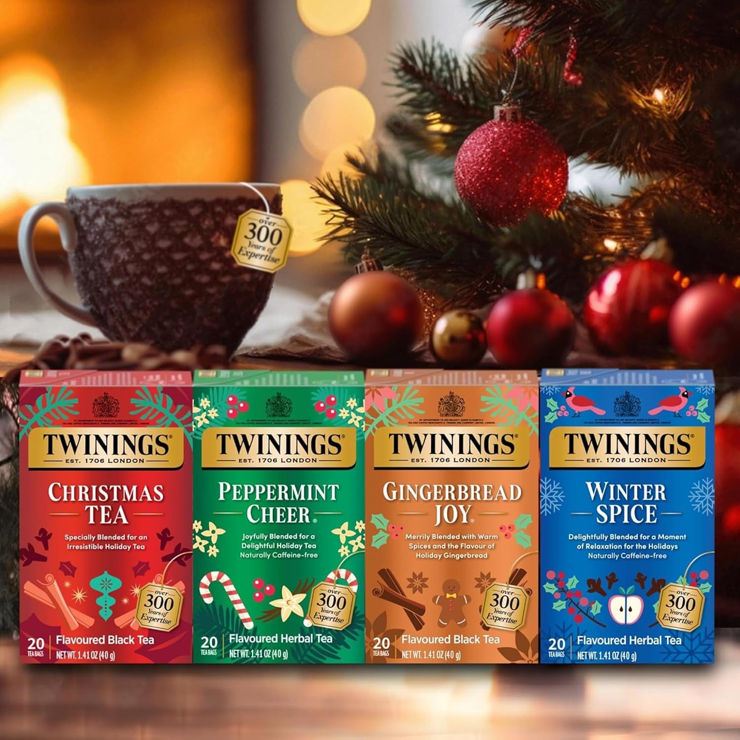 Tea Holiday Variety 4-Pack – Caffeinated Christmas Tea and Gingerbread Joy, Naturally Caffeine-Free Peppermint Cheer and Winter Spice Tea Bags, 20 Count Each