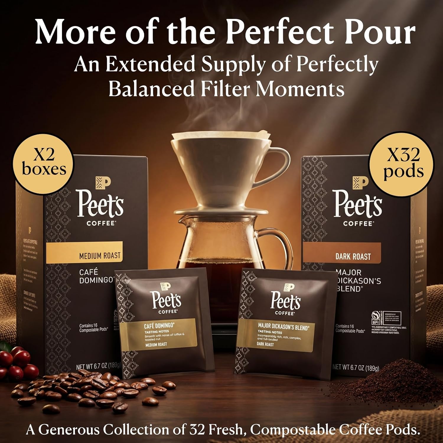 Peet’S Major Dickason’S & Domingo Coffee Pods – 32 Count (2 Packs of 16) – Dark Roast & Medium Roast Variety Pack with Bold, Smooth Flavor – Compatible with Pelecom Coffee Machines – Peet’S Coffee Pods