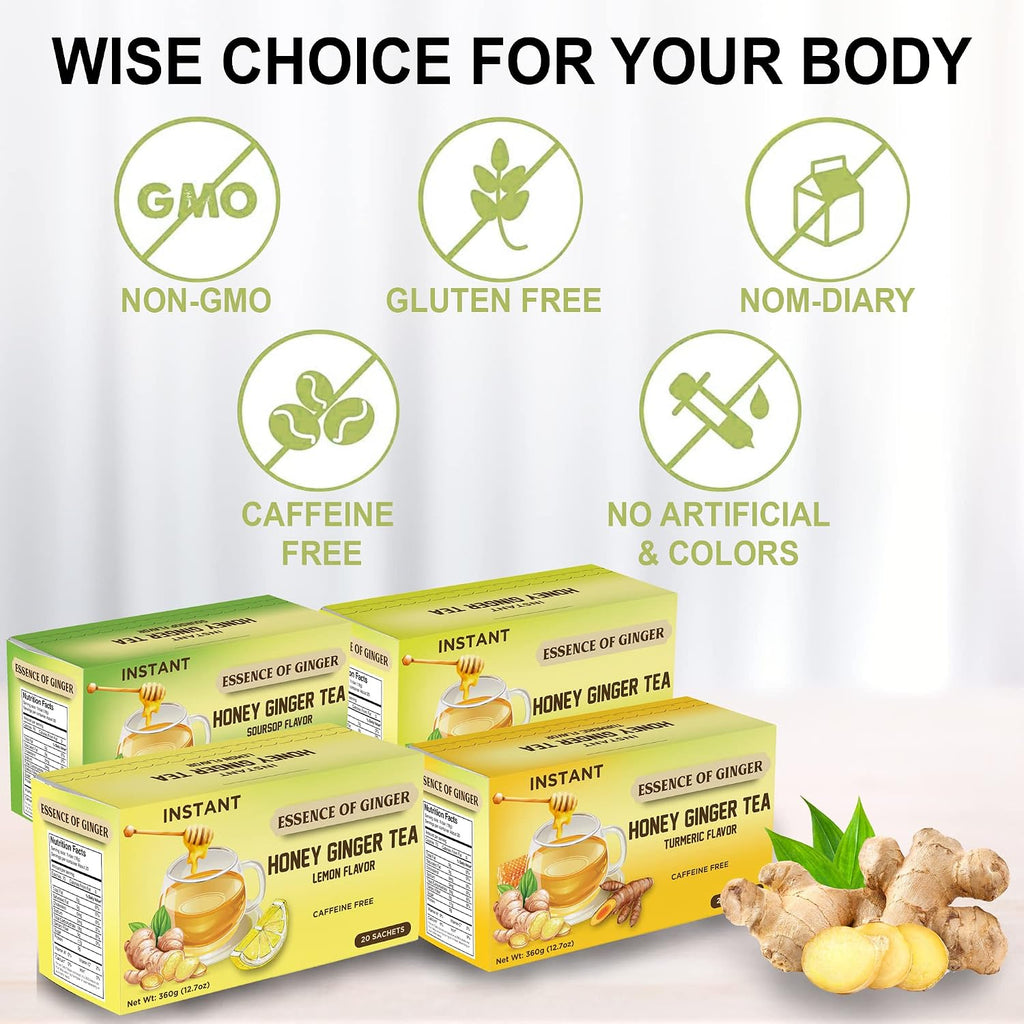 Natural Honey Lemon Ginger Herbal Tea 20 Sachet Packets Instant Beverage 18 Grams Made with Real Pure Honey, Fresh Ginger Root and Refreshing Lemon Citrus - Caffeine Free